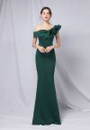 Ruffle One-Shoulder Mermaid Satin Gown in Emerald