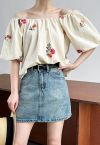 Vintage Floret Embroidery Bubble Sleeve Cotton Top