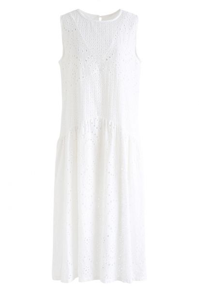 White Perforated Embroidered Sleeveless Dress