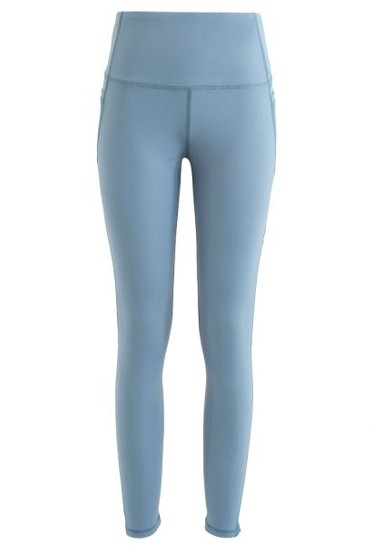 Mesh Pockets High Rise Seam Detail Ankle-Length Leggings in Blue