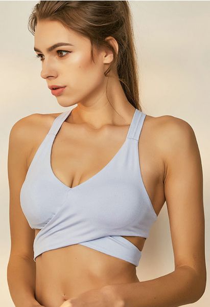 Wrap Design Low-Impact Sports Bra in Baby Blue