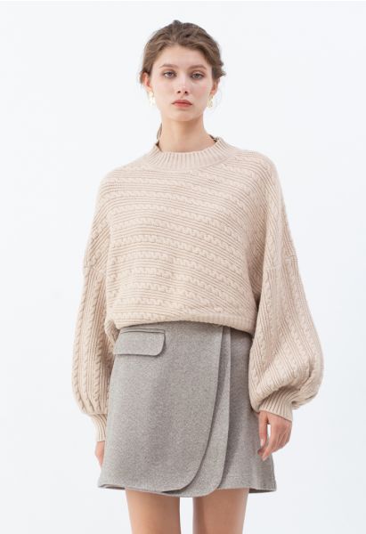 Batwing Sleeves Braid Knit Sweater in Tan