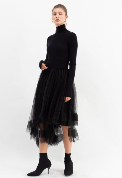 Knitted Splicing Asymmetric Layered Mesh Dress in Black