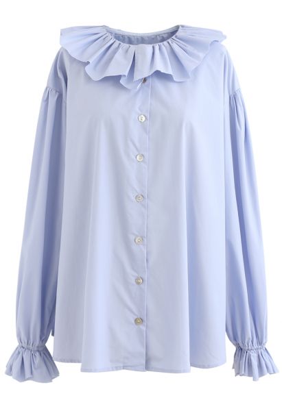 Ruffle Neck Button Down Loose Shirt in Blue