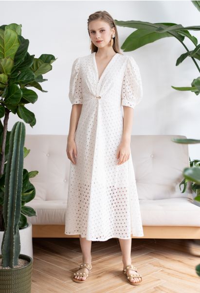 Twist V-Neck Buttoned Eyelet Dress in White