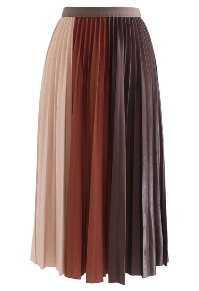 Pleated Sheen Color Block Midi Skirt in Caramel