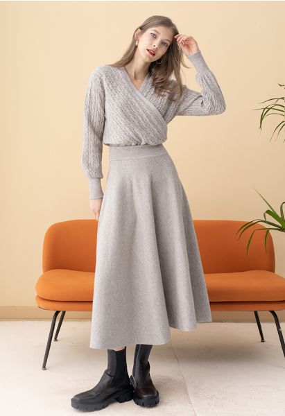 Fuzzy Soft Knit A-Line Midi Skirt in Linen