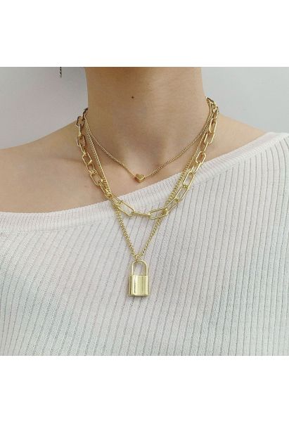 Lock Chain Pendant Layered Necklace in Gold