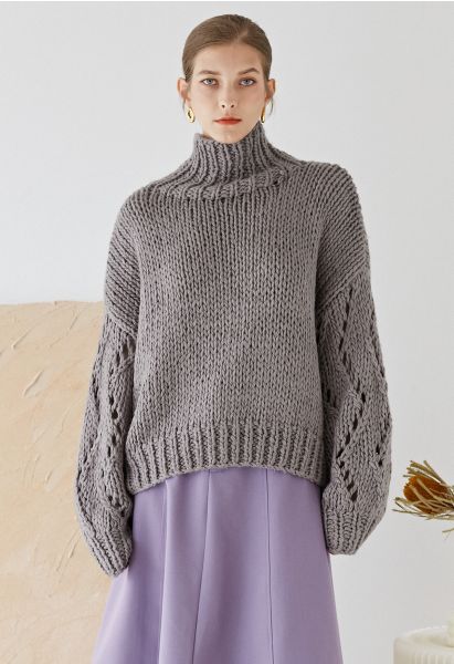 Pointelle Sleeve High Neck Hand-Knit Sweater in Dusty Purple