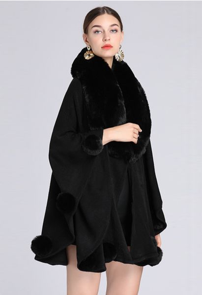 Faux Fur Collar Pom-Pom Trim Poncho in Black