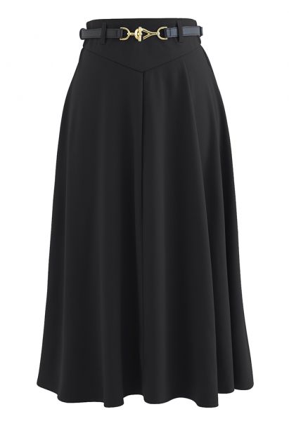 Metallic Buckle Belt A-Line Midi Skirt in Black