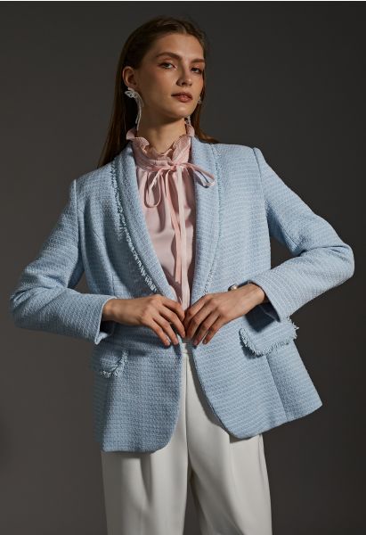 Shawl Collar Fringed Edge Tweed Blazer in Baby Blue