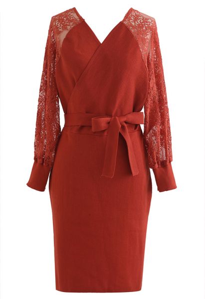 Lacy Sleeve Wrapped Knit Dress in Red