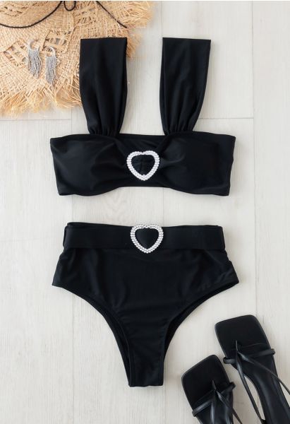 Crystal Heart Strappy Bikini Set in Black