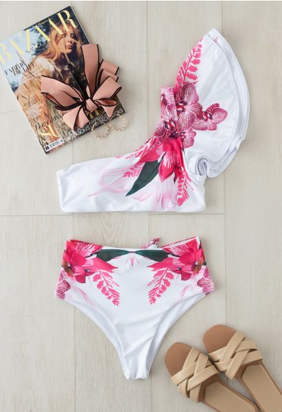 Pinky Floral Ruffle One-Shoulder Bikini Set in White