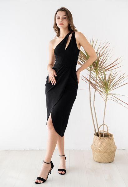 Cutout One-Shoulder Flap Bodycon Dress in Black