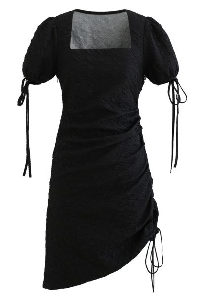 Side Ruched Embossed Bodycon Mini Dress in Black