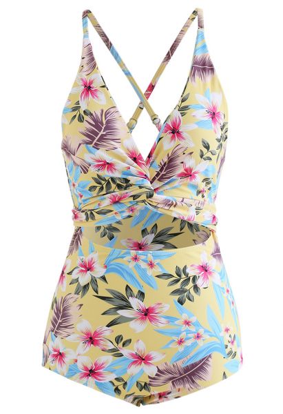 Crisscross Front Floral Print Swimsuit