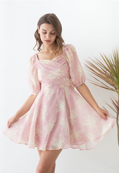 Cross Front Tie Back Pink Floral Dress