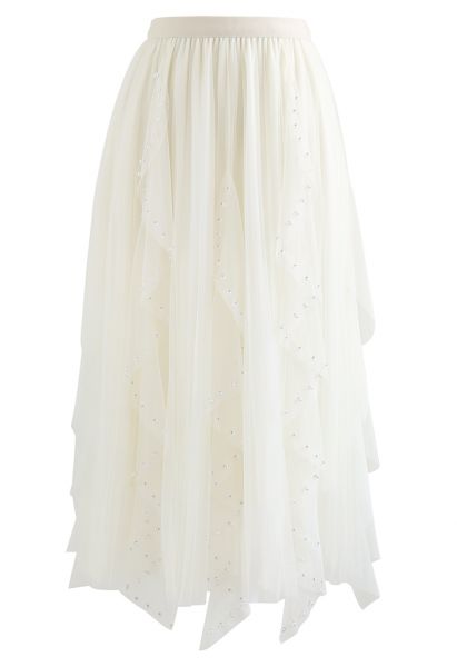 Scattered Bead Decor Pleated Tulle Skirt in Cream