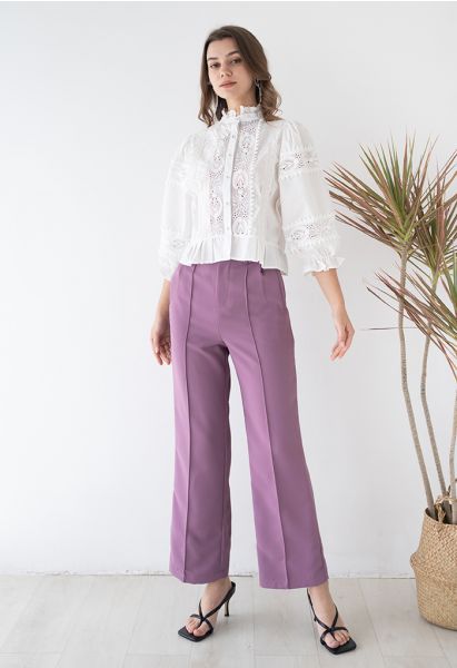 Simplicity Buttoned Waist Straight-Leg Pants in Purple