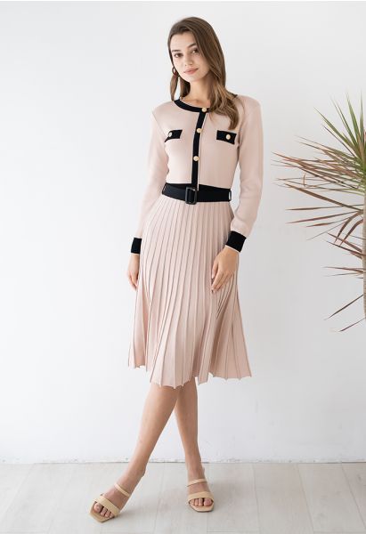 Belted Contrast Color Pleated Knit Dress