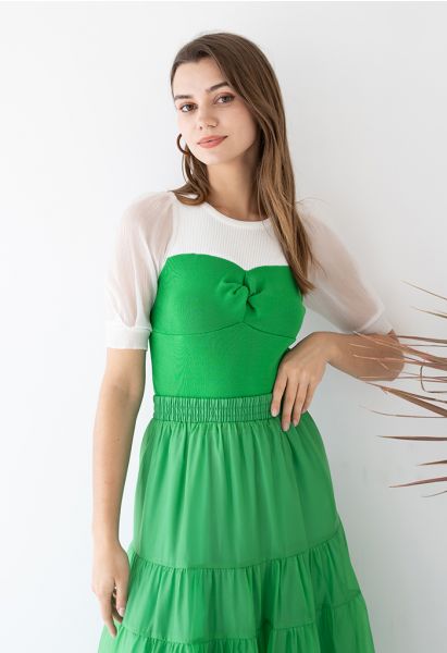 Twisted Front Spliced Fitted Knit Top in Green