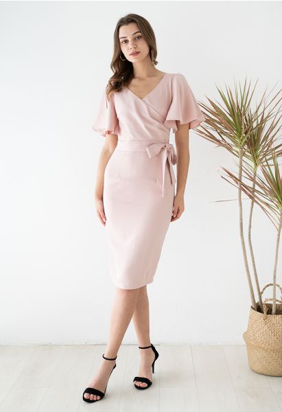 Flutter Sleeves Self-Tie Wrap Bodycon Dress