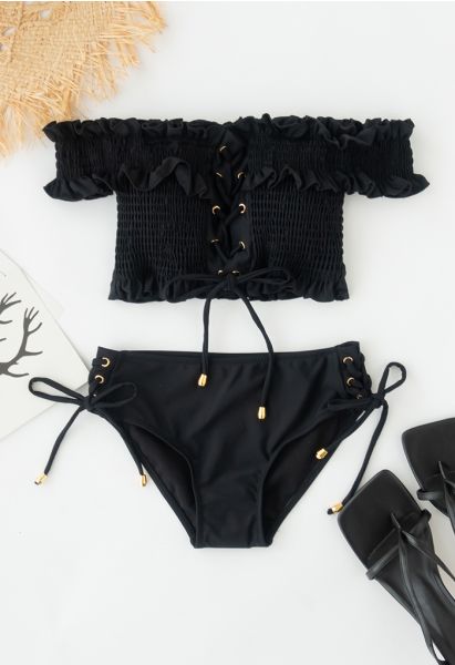 Lace-Up Ruffle Off-Shoulder Bikini Set in Black