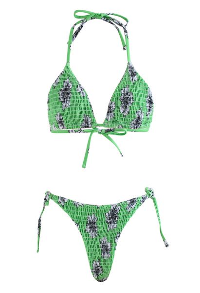 Green Hue Floral Shirring Bikini Set