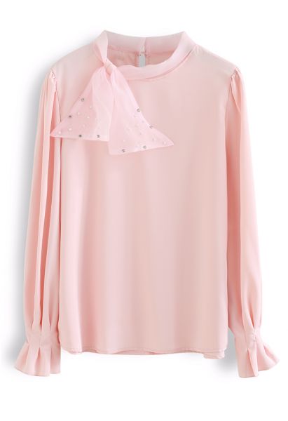 Pearly Mesh Bowknot Satin Shirt in Pink