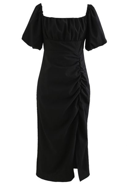 Self-Tie Bowknot Back Ruched Split Dress in Black