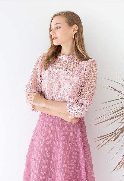 Crochet Blossom Puff Sleeve Top in Pink