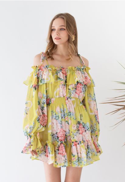 Flowery Ruffle Cold-Shoulder Chiffon Playsuit in Yellow