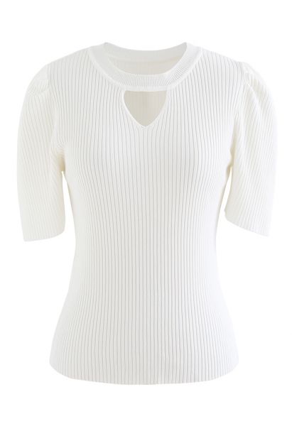 Triangle Cutout Short Sleeve Knit Top in White