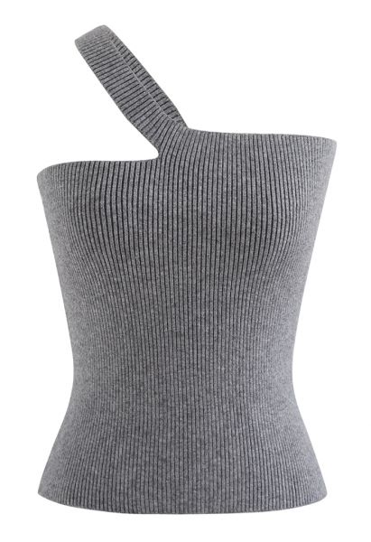 Oblique Shoulder Crop Knit Tank Top in Grey