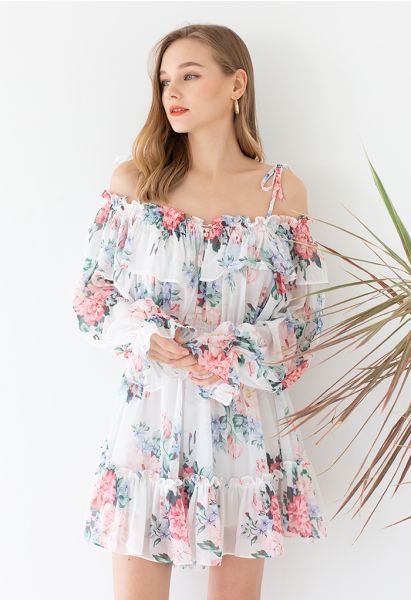 Flowery Ruffle Cold-Shoulder Chiffon Playsuit in White