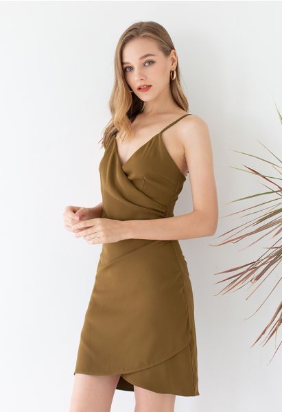 Wrap Bust Ruched Asymmetric Cami Dress in Khaki