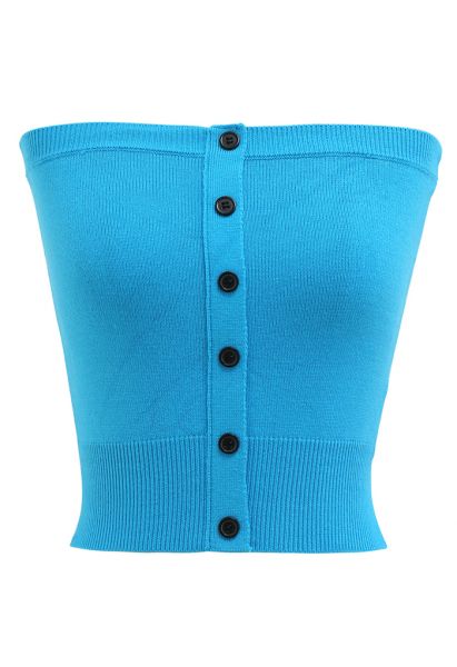 Buttoned Front Strapless Crop Knit Top in Blue