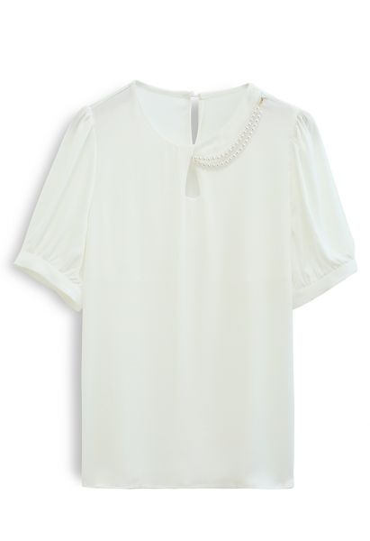 Necklace Short Sleeve Satin Top in White