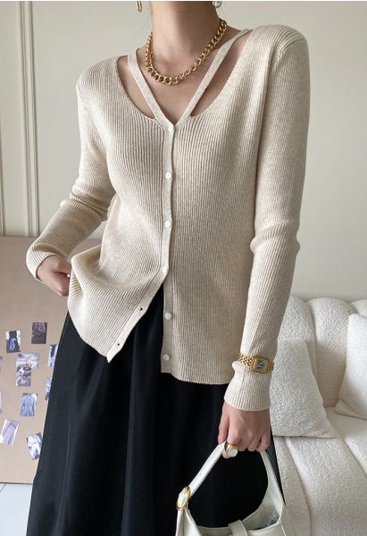 V-Neck Cutout Cozy Knit Top in Sand