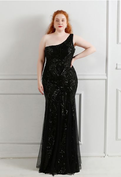 One-Shoulder Floral Lattice Sequined Mesh Gown in Black