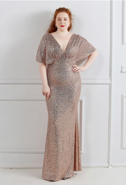 Cape Sleeve Mesh Inserted Sequined Gown in Champagne