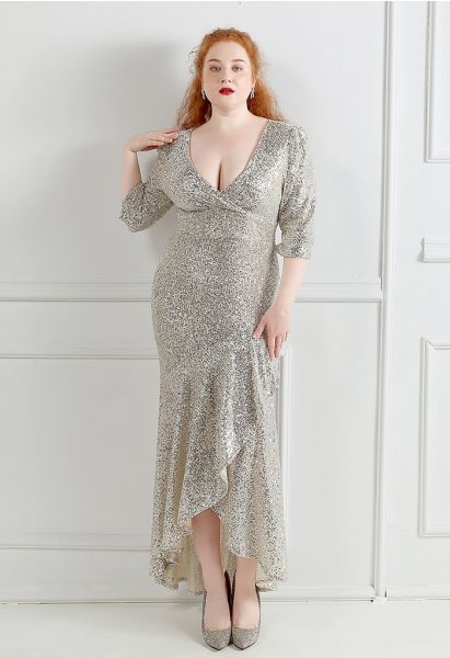 Elbow Sleeve Ruffle Sequined Gown in Silver