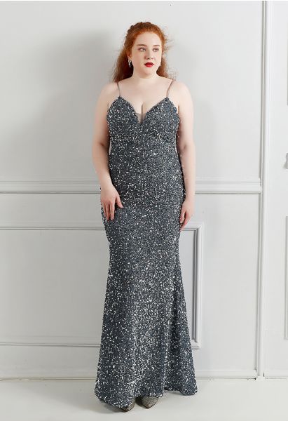 Mesh Inserted Sequined Mermaid Cami Gown in Smoke