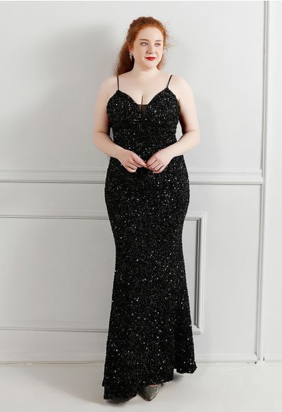 Mesh Inserted Sequined Mermaid Cami Gown in Black