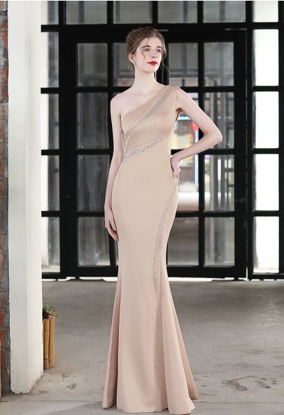 One-Shoulder Colorful Sequin Bodycon Gown in Light Tan