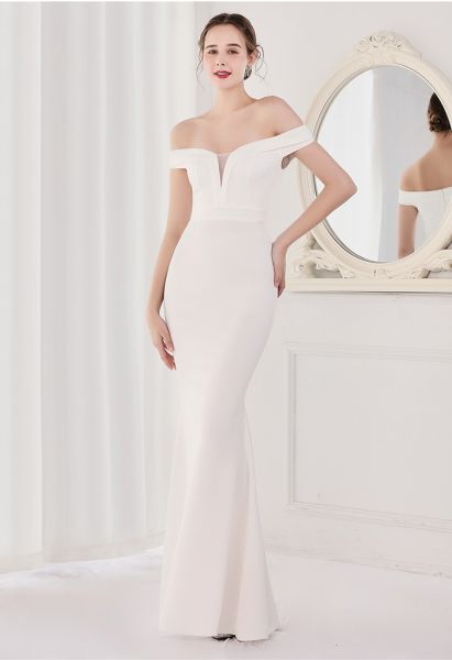 Off-Shoulder Mesh Inserted Satin Gown in White