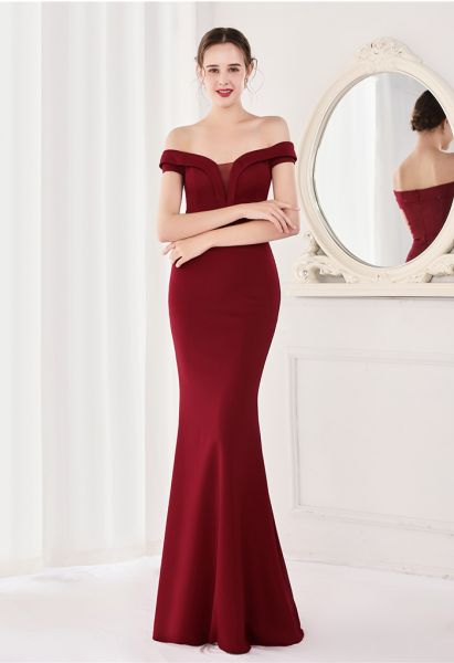 Off-Shoulder Mesh Inserted Satin Gown in Burgundy