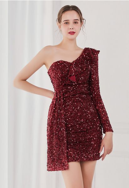 Ruffle One-Shoulder Colorful Sequin Cocktail Dress in Burgundy